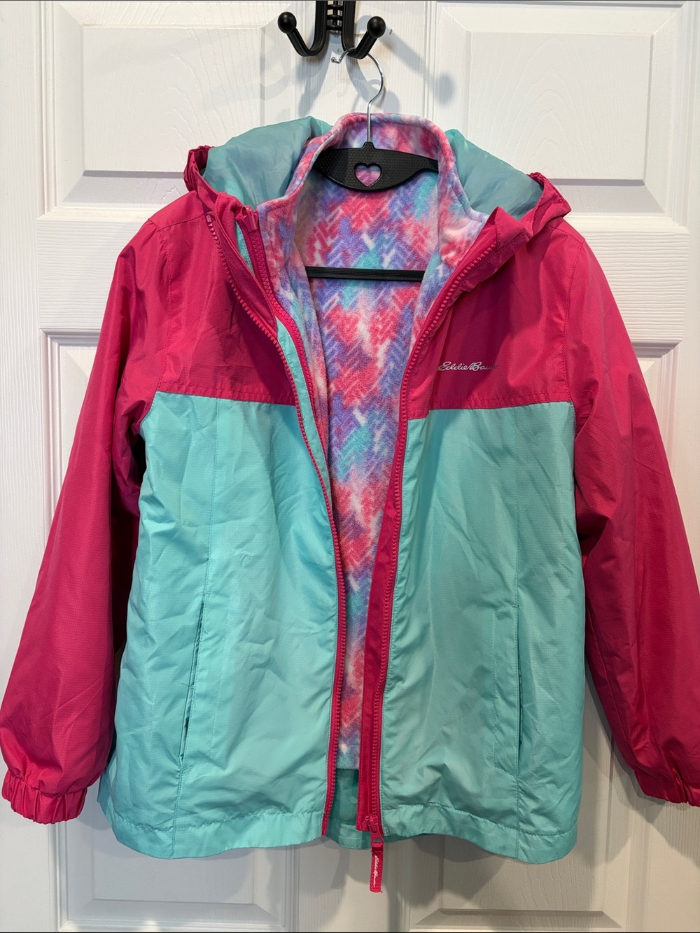 Eddie Bauer Girls Pink & Aqua Hooded Colorblock jacket. 2 jackets in one.